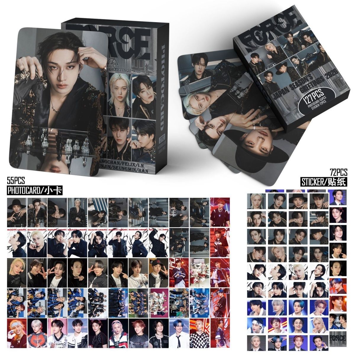 STRAY KIDS MERCH PHOTOCARDS FORCE SEASON GREETINGS 2026  KIT 127 PCS (55 PHOTOCARDS + 72 STICKERS)